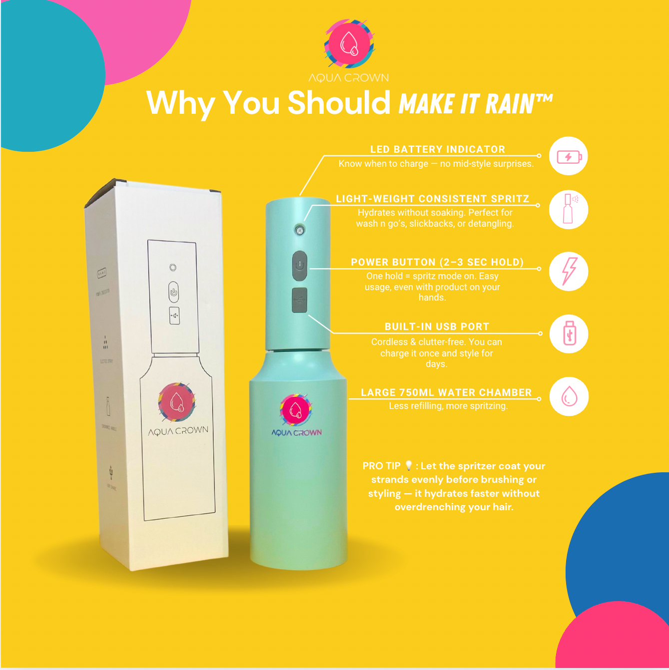 MAKE IT RAIN™ Smart Hair Spritzer by Aqua Crown - The Original Crown Care™ for Natural, Curly, & Textured Hair